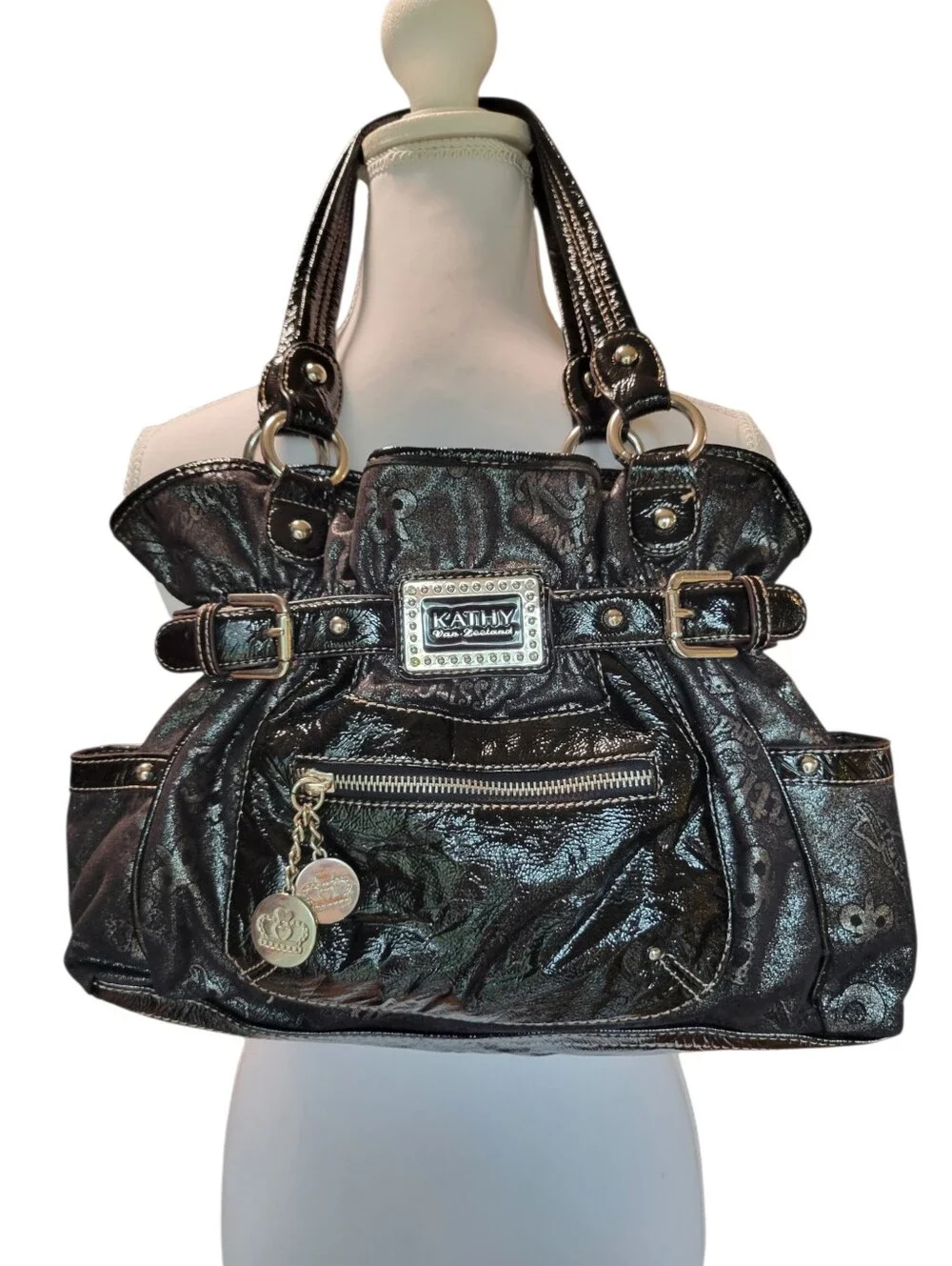 Y2K Kathy Van Zeeland Metallic Black Bling Shoulder Bag Satchel Purse